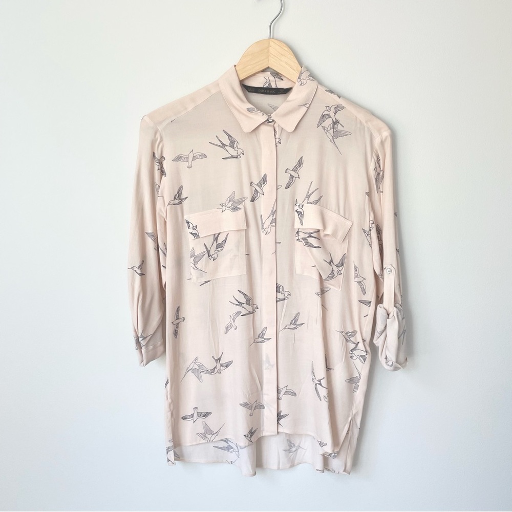 Zara Blush Bird Print Button Down Blouse, XS